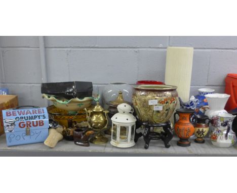An oriental jardiniere and stand, a large continental pedestal bowl, three large vases, jugs, metalwares and a boxed corkscre