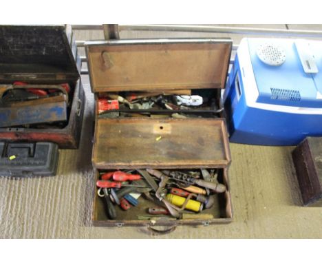 Two wooden tool boxes to include various hand tools to include hand braces, screwdrivers, crow bar, planes etc