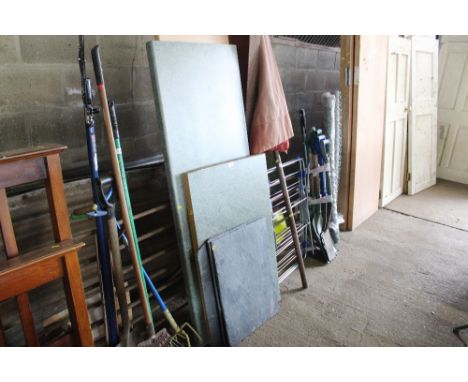 Two pieces of kitchen counter offcuts wooden panel and quantity of slate tiles