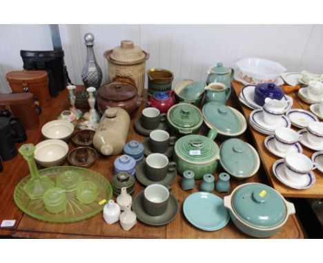 A quantity of Denby dinnerware; Rumtopf Jar and cover; hot water bottle; salt glazed crock; green glass dressing table items;