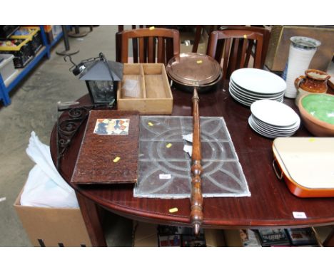 A leaded glazed window; bed warming pan; chess board; hanging lantern; cutlery tray
