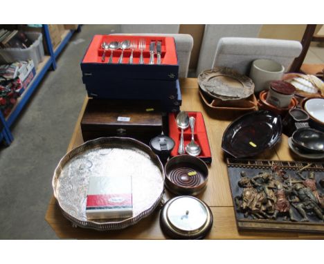 A quantity of various boxed cutlery, galleried silver plated tray, trinket box, wine coaster, barometer 