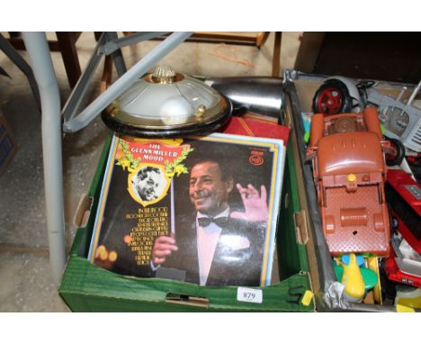 A box of records; light fitting etc