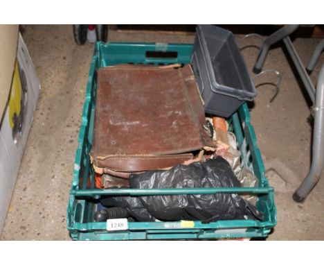 A box containing hanging baskets, leather case containing various spanners, various hand tools etc