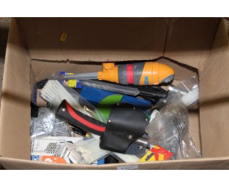 A box containing various garden related items to include Hose Lock garden sprinkler, Draper drill set, and a hand held axe et