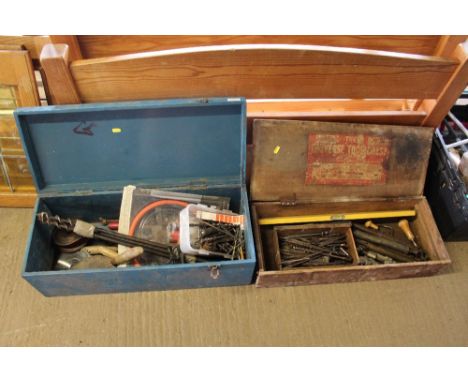 Two wooden tool boxes with contents of various tools to include various wood bits, hand trowels, saw blade etc