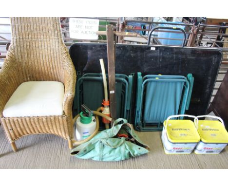 A measure in wooden case, hand auger, Hose Lock hand spray pump and a canvas bag of various tools to include clamps, hand dri