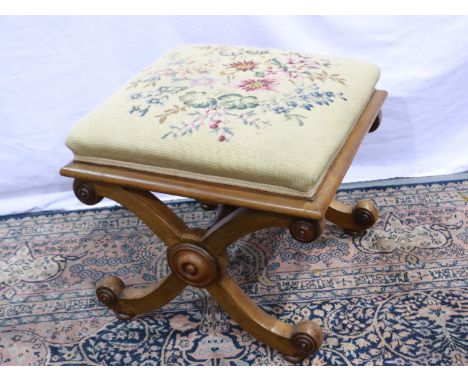 Walnut framed Savonarola stool with tapestry top 48 x 48 x 45cm. Not available for in-house P&amp;P 