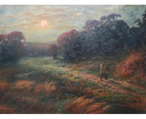 R C Markham (late 19th / early 20th century): substantial oil on canvas, figure on a country lane, 126 x 100 cm. Not availabl