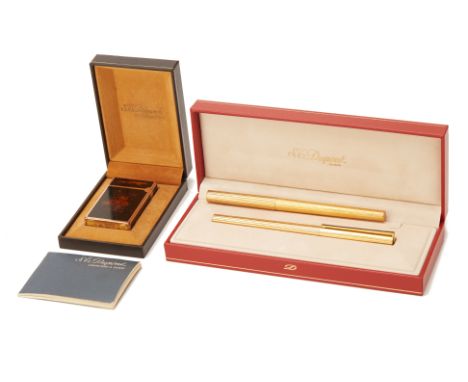 AN S.T. DUPONT LIGHTER AND TWO PENS The gilt and "Chinese" lacquer lighter, in original fitted box with booklet and spare flu