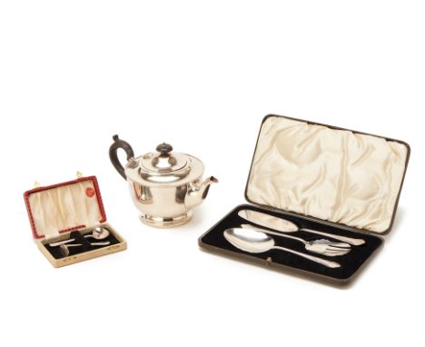 A GROUP OF SILVER PLATED ITEMS
Comprising a teapot by Mappin &amp; Webb; a set of serving cutlery, in a fitted case; and a ch