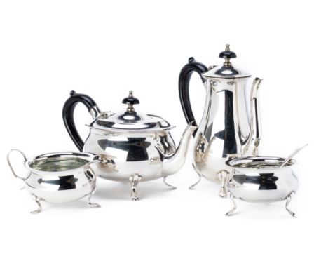 A SILVER PLATED FOUR PIECE TEA AND COFFEE SERVICE
By Yeoman, Sheffiled, UK
Together with an associated gallery tray, also mar