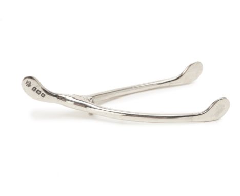 A PAIR OF NOVELTY SILVER WISHBONE SUGAR TONGS
By William Hutton &amp; Sons, Birmingham 1926
With sprung hinge, engraved with 