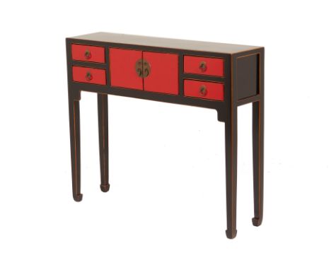 A CHINESE RED AND BLACK CONSOLE TABLE
With a central pair of cupboard doors flanked by drawers, no key present
82cm high x 98