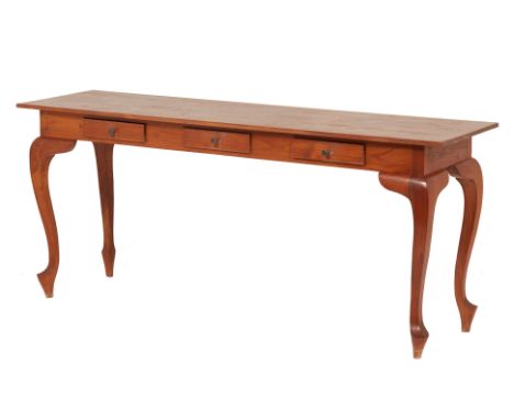 AN INDONESIAN TEAK CONSOLE TABLE
With three short drawers on cabriole supports
77cm high x 181.5cm wide x 48cm deep
Condition