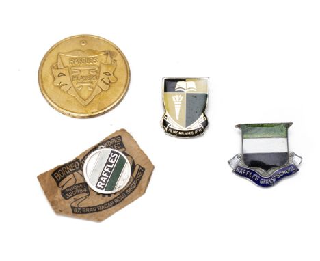 A GROUP OF VINTAGE RAFFLES SCHOOL BADGES
Three enamel badges and 1961 talent time guest artist coin
3cm x 3.5cm for the Raffl