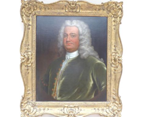 Follower of William Hogarth (1697-1764) Portrait of a gentleman, half-length wearing a velvet jacket, oil on canvas,  74.5cm 