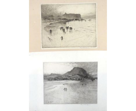 Percy Robertson ARE (1868-1934) Bathing machines on the beach, Whitby, signed in pencil, etching together with a further work