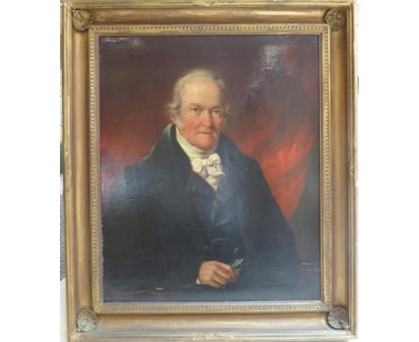 English School (19th century) Portrait of a gentleman, half length seated, wearing a green velvet jack and waistcoat with whi