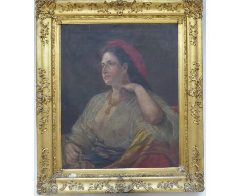 Circle of William Clarke Wontner (1857-1930) Portrait of a lady, half-length, seated wearing a red scarf, classical revival j