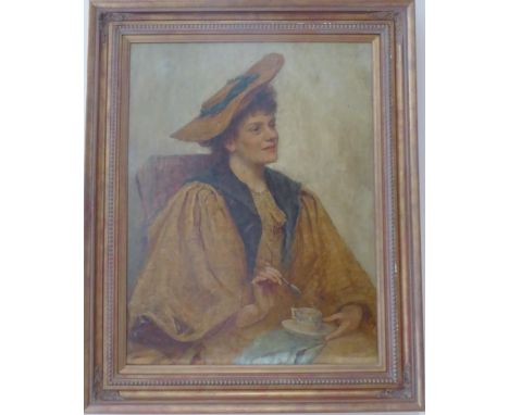British School (19th/20th century) Portrait of a Lady, half-length seated taking tea, oil on canvas, 67cm by 51cm  