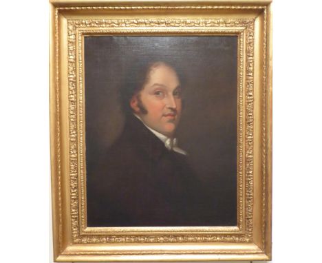 British School (19th century) Portrait of a gentleman, head and shoulders, wearing a black jacket with white shirt and tie, o