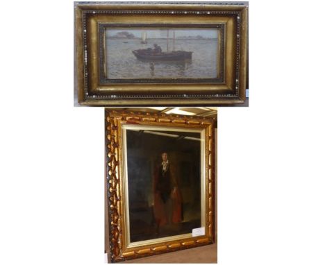 James Charles (1851-1906) Figure in a fishing boat before a coastline, signed, oil on canvas, together with a further possibl