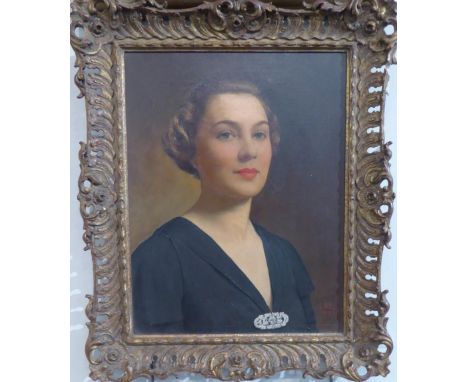 * Lee, 20th century, A portrait of a elegant lady, head and shoulders, wearing a black dress and diamond brooch, signed and d