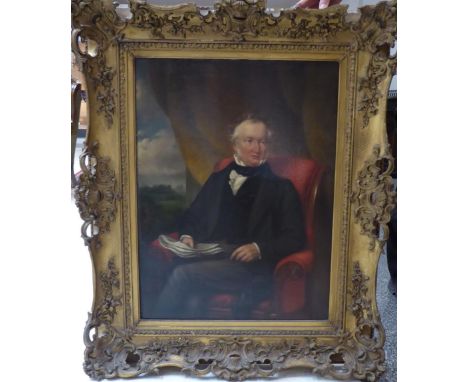 Follower of Sir Thomas Lawrence (1769-1830) Portrait of a gentleman, three quarter length, seated on a red chair holding a ne