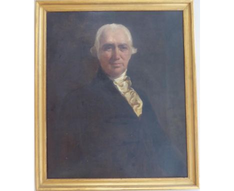 Follower of Sir Henry Raeburn RA (1756-1823) Portrait of a gentleman, half length, wearing a black jacket and white cravat, o