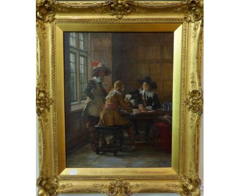 John Sanderson-Wells RBA R.I (1872-1955) Seventeenth century gentlemen playing cards in a panelled interior, signed, oil on c