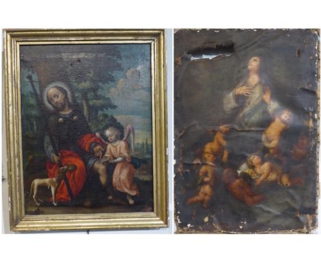 Continental School (18th/19th century) St. James with staff, at rest on his pilgrimage with attendant dog and angel, oil on c