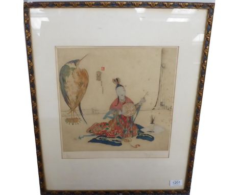 Elyse Ashe Lord (1900-1971) Oriental figure and a heron in an interior, signed and numbered 19/100, coloured etching, 32cm by