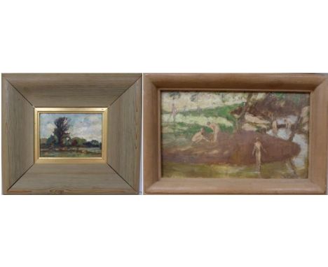 Maurice Field (1905-1998) Building the Dam (sketch), inscribed verso, oil on board, together with a further oil on board land
