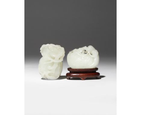 TWO CHINESE WHITE JADE CARVINGS 18TH/19TH CENTURY One carved as a crested Mandarin duck grasping a leafy sprig in its beak, i