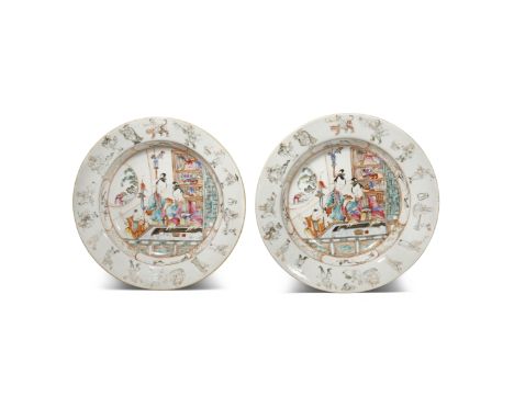 A PAIR OF CHINESE FAMILLE ROSE 'EIGHTEEN LUOHANS' DISHES QIANLONG 1736-95 Each painted to the centre with a beauty and child 