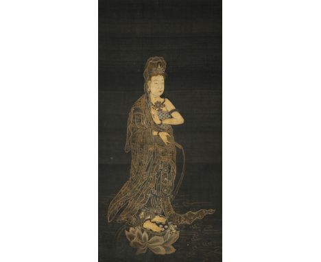 ANONYMOUS (LATE QING DYNASTY) PORTRAIT OF GUANYIN A Chinese painting, delicately painted with gold ink and colour on black si