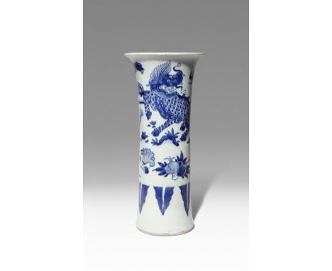 A CHINESE BLUE AND WHITE 'QILIN' SLEEVE VASE SHUNZHI 1644-61 The tall cylindrical body flaring at the rim, painted with a qil