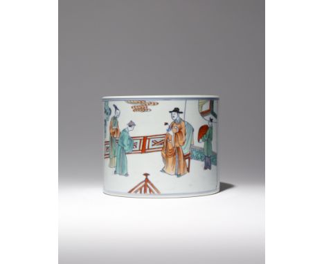 A CHINESE DOUCAI BRUSHPOT, BITONG KANGXI 1662-1722 The cylindrical body decorated with two large rectangular panels enclosing
