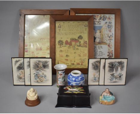 A Collection of Sundries to Include Three Sampler Prints, Buddha Ornaments, Oriental Box etc 