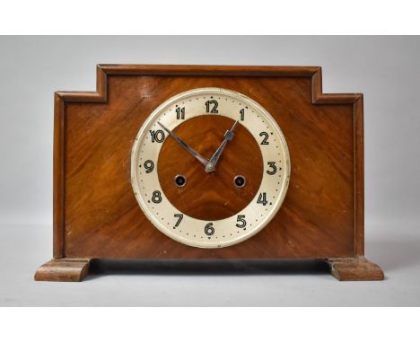 An Art Deco Walnut Mantle Clock, Missing Glass Dial, 36cm wide 