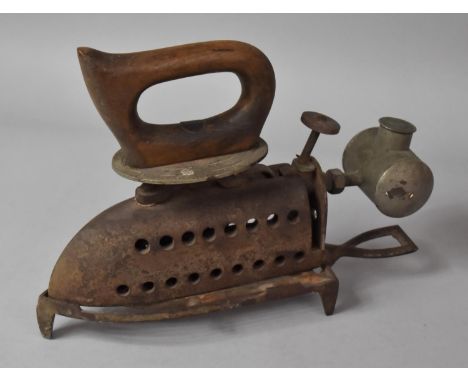 A German Wama Vintage Carbide or oil Heated Flat Iron with Wooden Handle and Separate Fuel Reservoir, 27cm long Complete with