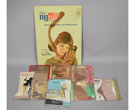 A Collection of Vintage Nylon Stockings, Two Cardboard Shop Counter Advertisements and an Easel Backed Advert for Rowland's M