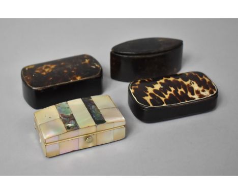 A Collection of Three Tortoiseshell and Horn Snuff Boxes and a Small Mother of Pearl Covered Trinket Box 