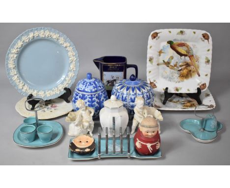 A Collection of Ceramics to Include Jasperware Plate, Oriental Blue and White Lidded Vases, Grand National Party Politics Jug