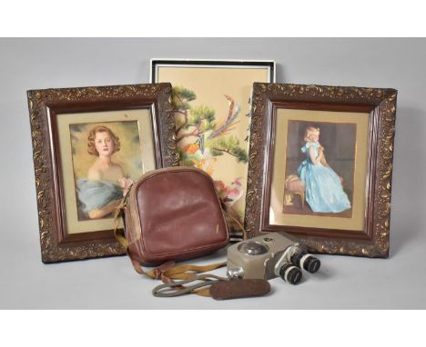 A Clockwork Cine Camera, Oriental Silk Embroidery in Frame and Pair of Framed Prints 