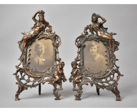 A Pair of Late Victorian Copper Patinated Metal Photo Frames with Cherub and Maiden Decoration in the Art Nouveau Style, Each