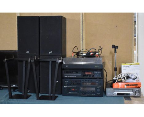A Rotel Dual Turntable, Stereo Compact Disk Player, Tuner and Cassette Deck Tape, with Speakers also Microphone, Microphone S