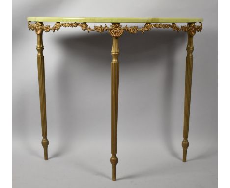 A Faux Onyx Demilune Gilt Based Console Table with Tablering Reeded Supports, 91cm wide 