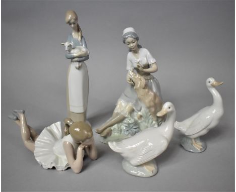 A Collection of Four Spanish Nao Figural and Animal Ornaments Together with a Lladro Example of Standing Girl with Lamb 